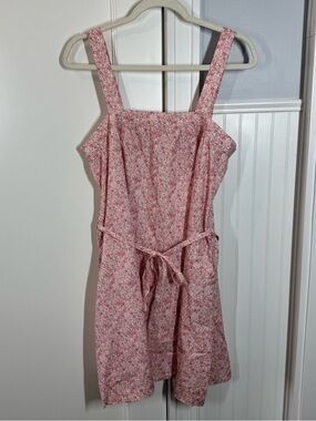 Oak Meadow Pink Floral Mini Belted Dress size medium 100% cotton ethical cottage